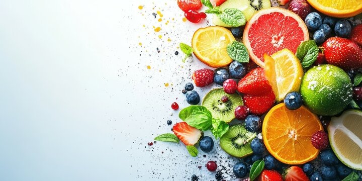 Vibrant assortment of fresh fruits showcasing colorful flavors on a white background