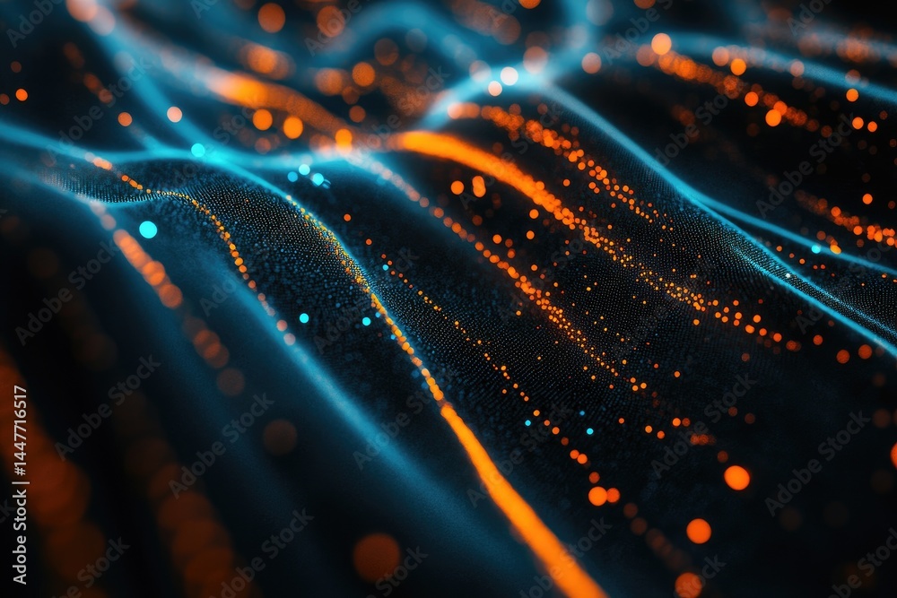 Poster abstract blue and orange data streams background with depth of field and flowing light elements visu
