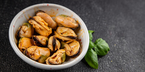 Mussels canned seafood appetizer dish organic product fresh tasty gourmet food background on the table rustic food top view copy space keto paleo pescetarian diet vegetarian food