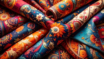 Colorful Rolled Fabrics With Paisley And Floral Patterns