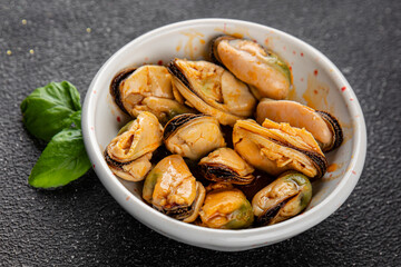 Mussels canned seafood appetizer dish organic product fresh tasty gourmet food background on the table rustic food top view copy space keto paleo pescetarian diet vegetarian food