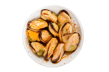 Mussels canned seafood appetizer dish organic product fresh tasty gourmet food background on the table rustic food top view copy space keto paleo pescetarian diet vegetarian food