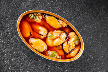 Mussels canned seafood appetizer dish organic product fresh tasty gourmet food background on the table rustic food top view copy space keto paleo pescetarian diet vegetarian food