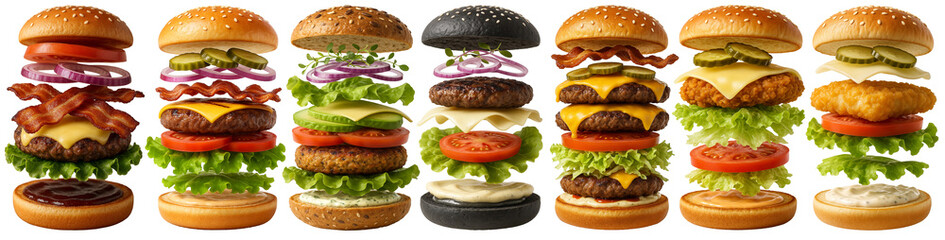 A variety of burgers with toppings including cheese, bacon, lettuce, tomato, pickles, and unique buns, showcasing ingredient layers.