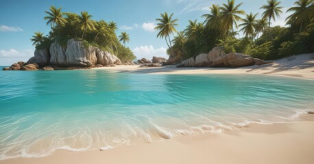 Fototapeta premium Golden sand, turquoise water, lush island backdrop, vacation, ocean