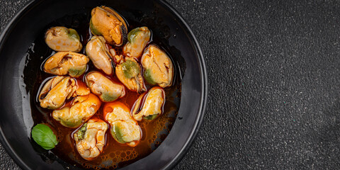 Mussels canned seafood appetizer dish organic product fresh tasty gourmet food background on the table rustic food top view copy space keto paleo pescetarian diet vegetarian food