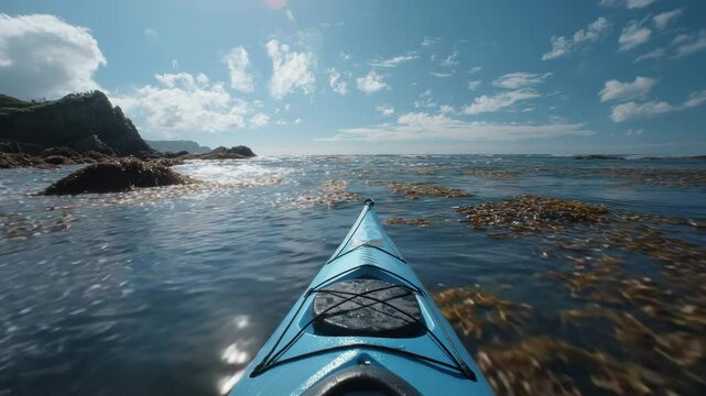 Kayaking on a sunny day, view from the kayak. Ocean waves, blue water, and seaweed are visible. Rocky coast in the background.
