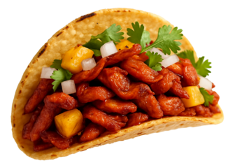 Taco with marinated grilled pork, diced onions, cilantro, and pineapple chunks in a corn tortilla.