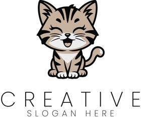 Adorable Happy Cartoon Cat Logo Design Illustration Pet Kitten cute icon pets cute gray tail paws   
