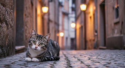 Cat resting on cobblestone alley at twilight