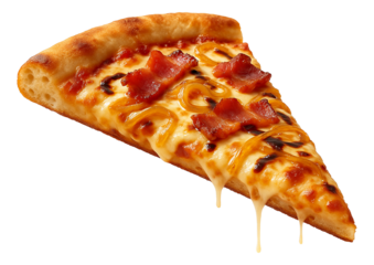 A slice of pizza with crispy bacon, melted cheese, and caramelized onions on a golden crust.