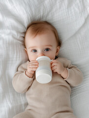 Baby holding bottle independently while lying down