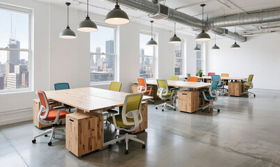 Modern futuristic office interior with innovative furniture designs, polished concrete floors, minimalist aesthetics, and high-tech workspace setup in a bright environment