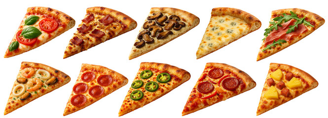 Assorted pizza slices featuring toppings like pepperoni, jalapenos, pineapple, seafood, prosciutto, mushrooms, cheese, bacon, and tomatoes.