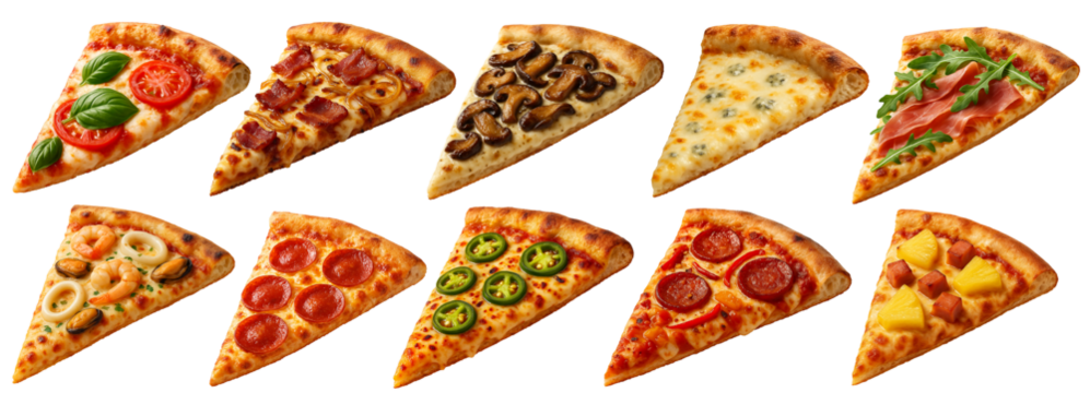Assorted pizza slices featuring toppings like pepperoni, jalapenos, pineapple, seafood, prosciutto, mushrooms, cheese, bacon, and tomatoes.