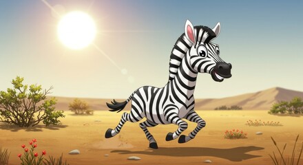Animated zebra running in desert landscape