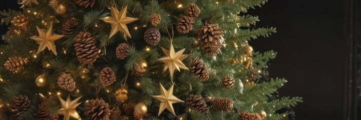 A majestic Christmas tree adorned with gleaming gold stars and rustic pine cones , holiday background, spruce