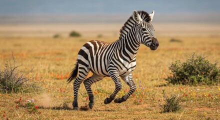 Naklejka premium Zebra running across savanna grassland