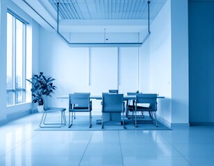 Modern minimalist office meeting room with blue toned walls, chairs, and table. Bright windows offer natural light.