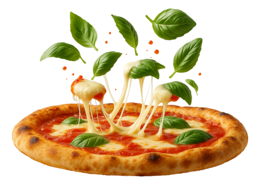 Margherita pizza with melted mozzarella, tomato sauce, and fresh basil leaves creatively arranged.