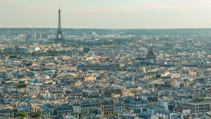 Panorama of Paris aerial timelapse, France. Top view from Montmartre viewpoint.