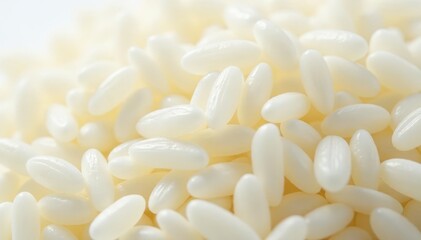 Close-up of grains of uncooked long-grain white rice, dry, harvest, culinary