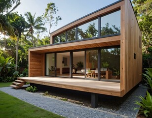 Fototapeta premium Modern tropical house with large windows and wooden deck.