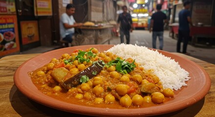 Chickpea curry and rice on clay plate