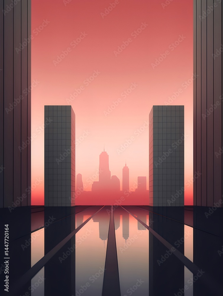 Poster 抽象的な都市景観赤い夕焼けと建物シルエットの反射 幾何学的なデザインのモダンな建築背景