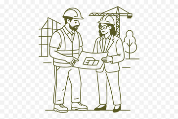 construction worker and an architect are discussing blueprints on-site