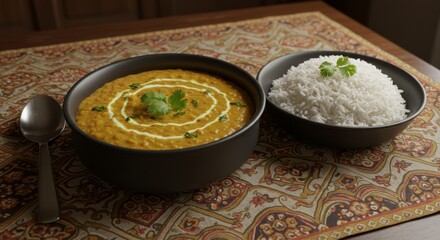 Curry and rice dish on table