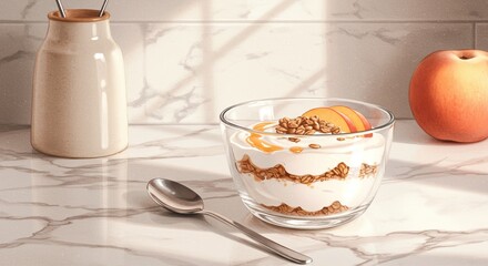 Layered breakfast parfait with peach