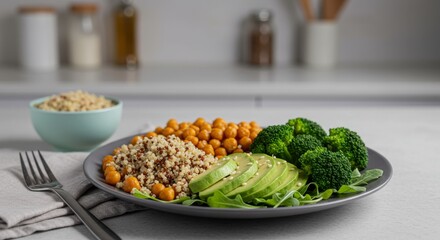 Healthy balanced meal plate with vegetables and protein