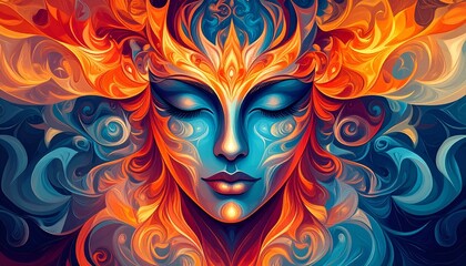 Fototapeta premium Serene abstract portrait of a woman, vibrant colors, swirling flames and water, peaceful expression, artistic digital painting.