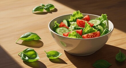 Fresh salad bowl on wooden table
