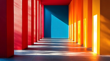 Long corridor with bold and bright color blocks creating an engaging and dynamic visual experience