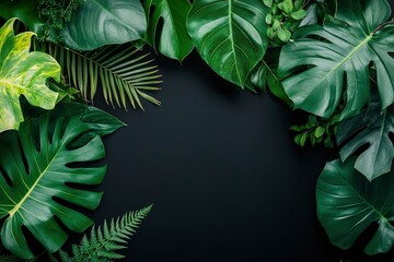 Green Tropical Leaves on Dark Background