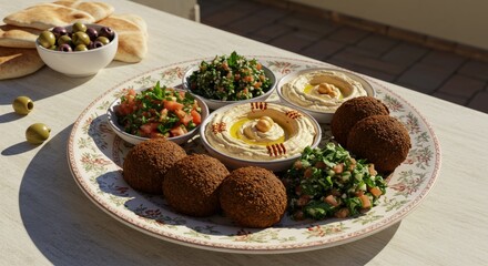 Mediterranean food platter with falafel hummus and salad