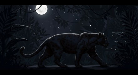 Black panther in a dark jungle at night