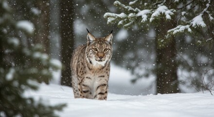 Lynx in snowy forest