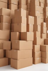 Neatly stacked brown cardboard boxes on pristine white background , brown, secondhand