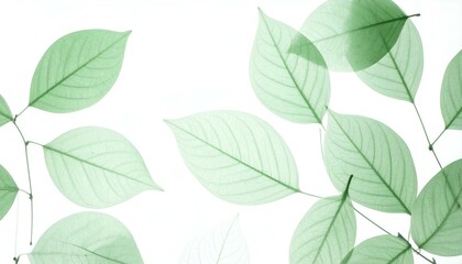 Obraz premium Delicate, translucent green leaves on white background. Perfect for nature, spring, or eco-friendly designs.