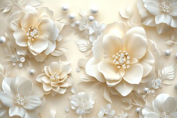 3D Elegant Floral Flowers All Over digital art wallpaper, flowers with pearls and diamonds in a beige-colored background, beautiful and iridescent in a white color.