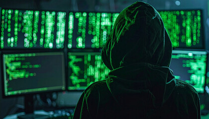 Cyber Sentinel: An anonymous figure in a hooded sweatshirt observes a complex array of digital information streaming across multiple screens, highlighting themes of digital security and cyber crime