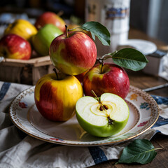some hyper-realistic apples on the plate, looking very fresh and delicious
