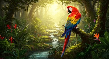 Colorful macaw in lush tropical forest