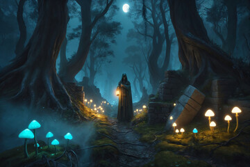 Enchanted Dark Forest with Glowing Mushrooms and Wisps Under Moonlight