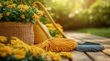 Fototapeta premium Sunny Garden Cleaning: Yellow Flowers and Cleaning Tools on Wooden Deck