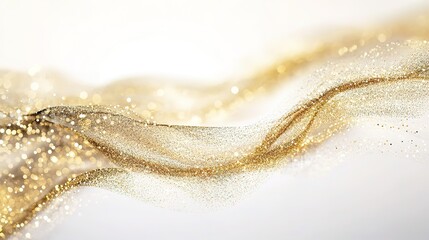 A close-up of an elegant, shimmering gold thread with delicate waves and sparkles, floating in the air against a soft white background.