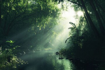 Obraz premium Lush Forest Stream with Sun Rays